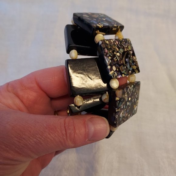 Vintage 1950's mosaic Abalone & mother of peal black block bracelet - Picture 7 of 9
